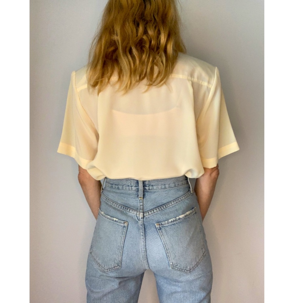 Vintage Pale Yellow Button-Down Pleated Blouse - image 8